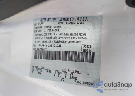 1999 Ford Mustang z USA, uszkodzony, nr VIN 1FAFP4043XF128021